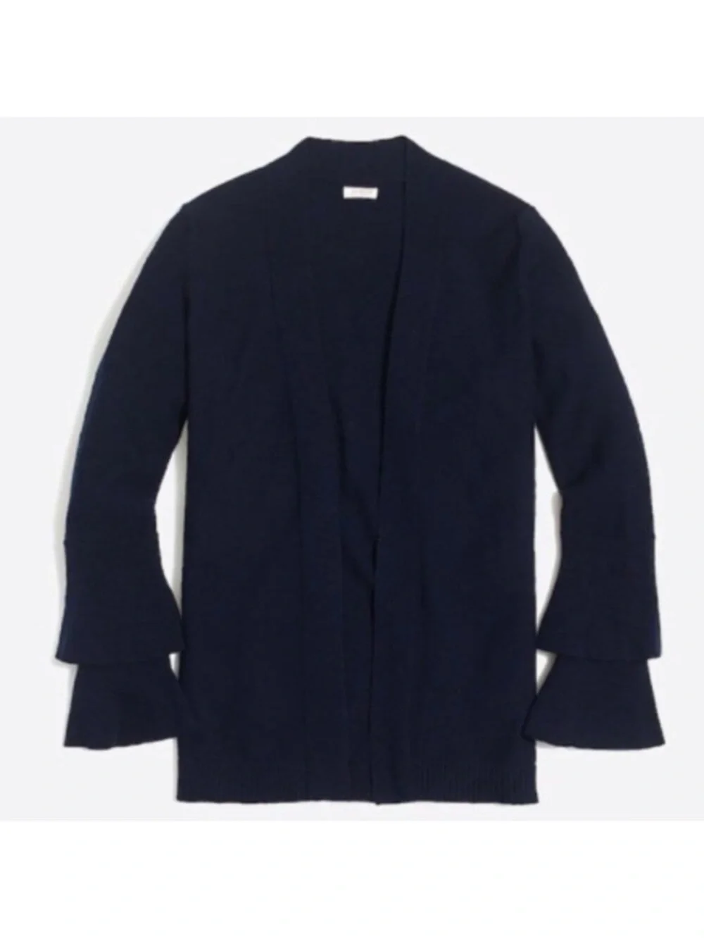 J.Crew Open-Front Navy Cardigan Sweater with Tiered Ruffle Sleeve Details